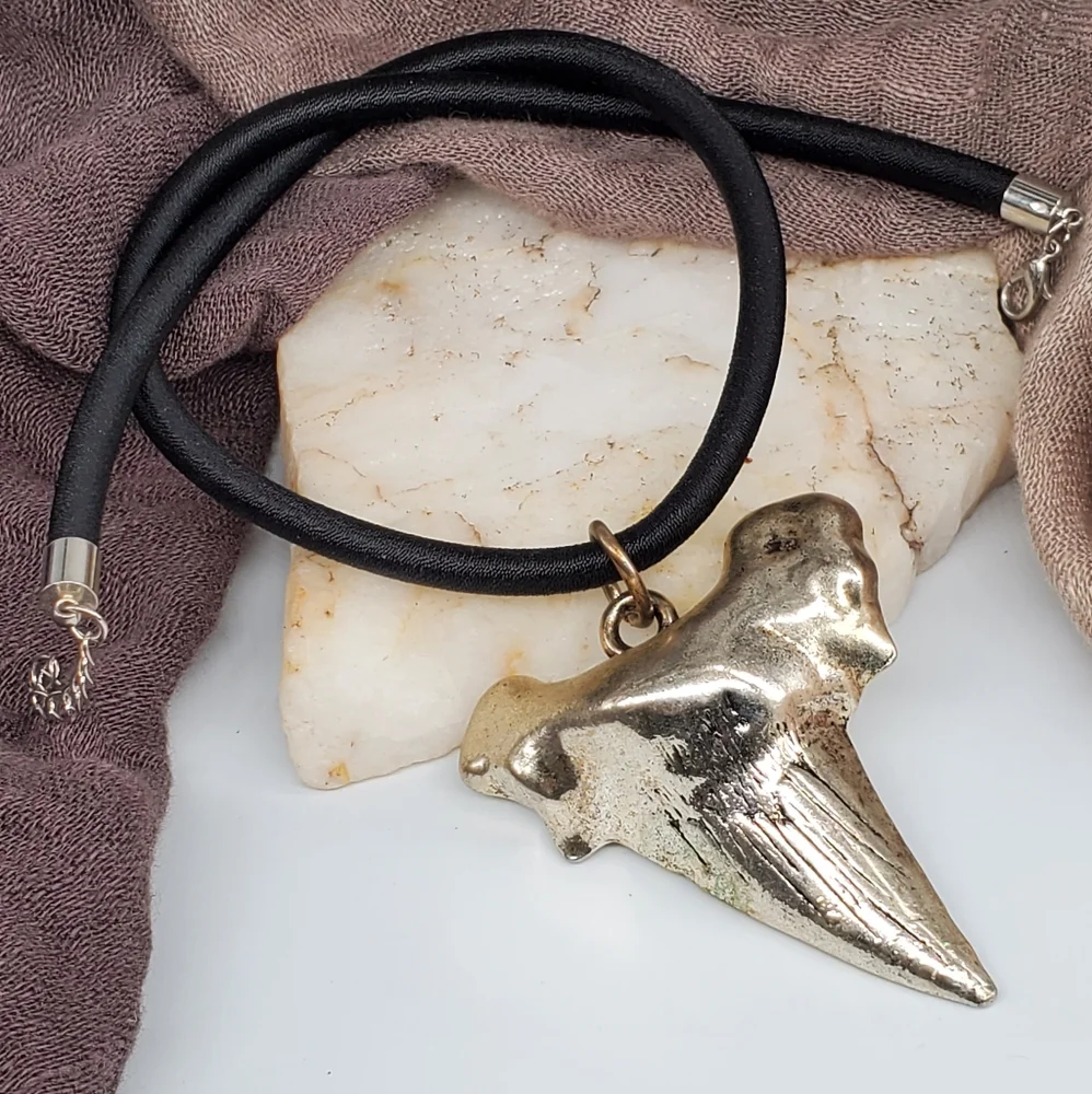 Large Heavy Silver Plated Shark Tooth Big Pendant Black Cord Necklace Gift